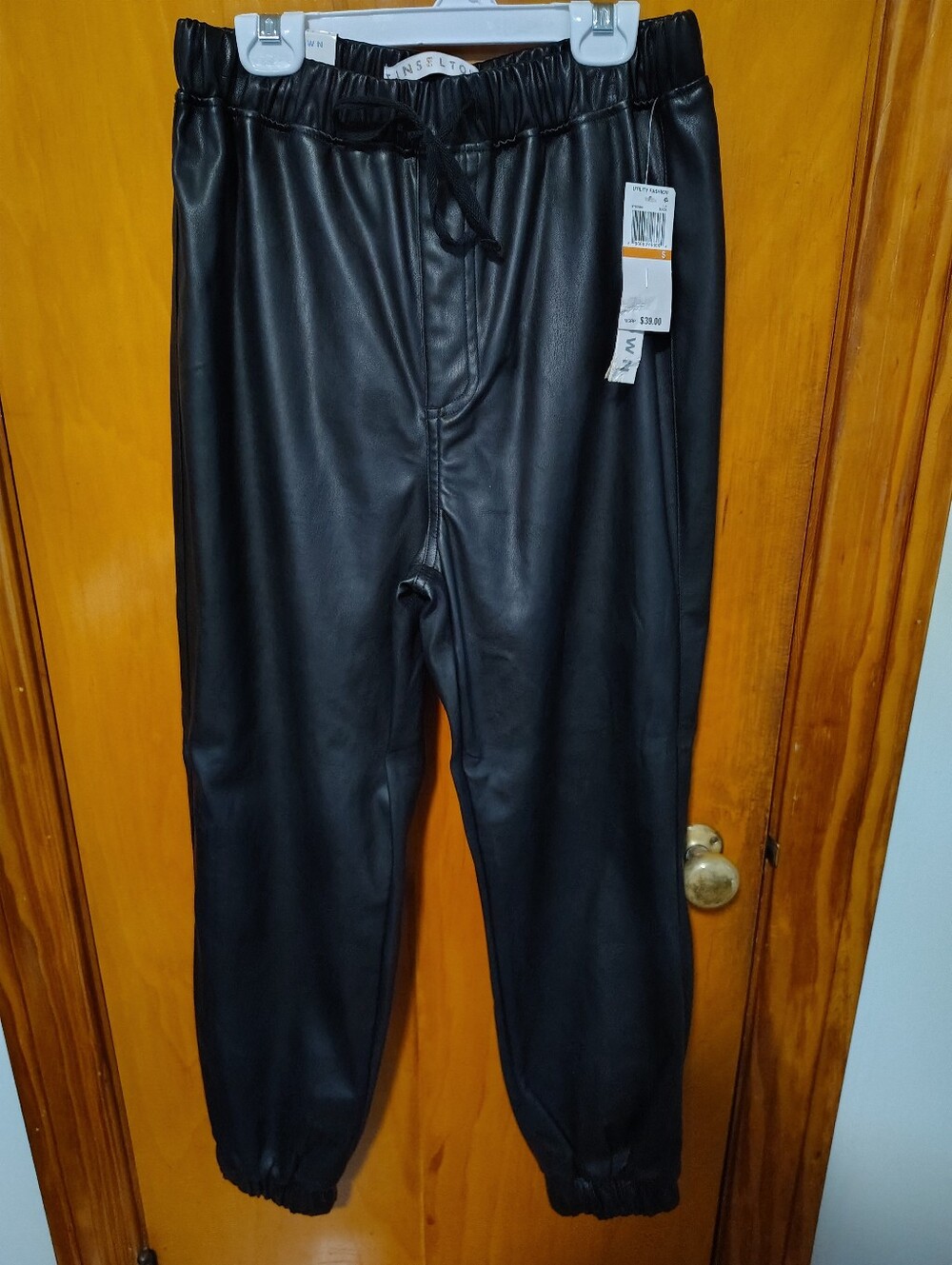 Women's Black Faux Leather Jogger Pants with Drawstring Waist